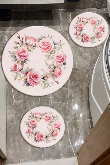 Evperest Premium Gül Desenli Banyo Paspas Seti Kalın Kalite