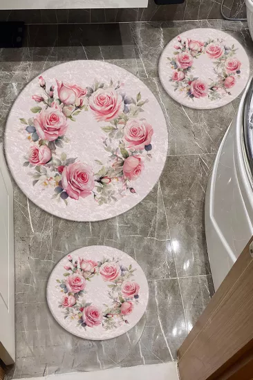 Evperest Premium Gül Desenli Banyo Paspas Seti Dot Taban