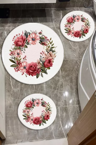 Evperest Premium Çiçek Desenli Banyo Paspas Seti Kalın Kalite