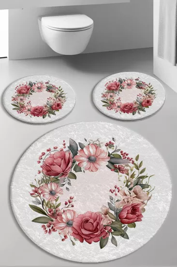 Evperest Premium Çiçek Desenli Banyo Paspas Seti Dot Taban
