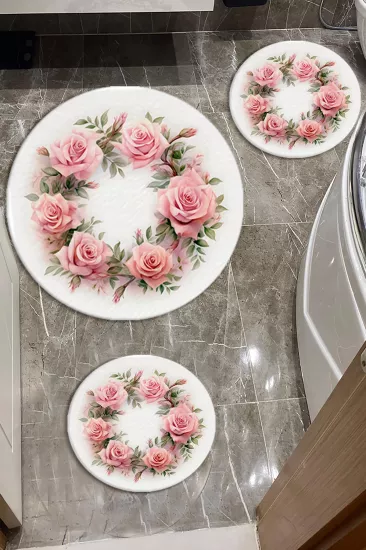 Evperest Premium Güller Model Banyo Paspas Seti Kalın Kalite