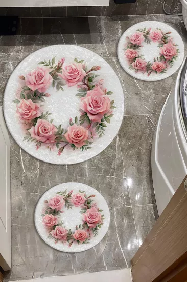Evperest Premium Güller Model Banyo Paspas Seti Dot Taban