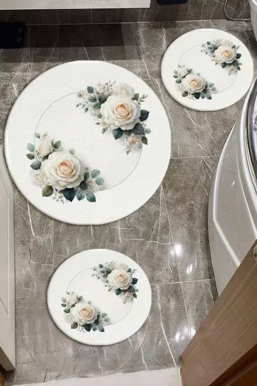 Evperest Premium Çizgili Çiçekli Banyo Paspas Seti Kalın Kalite