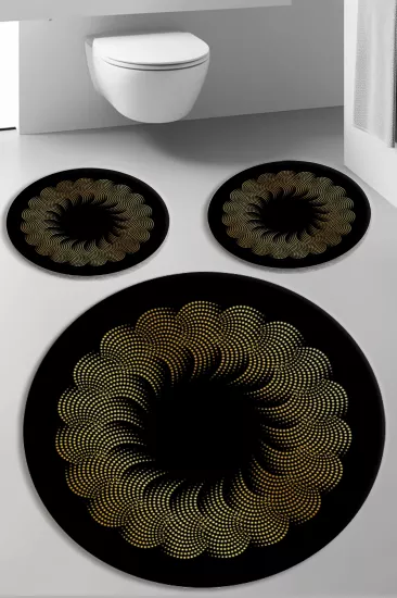 Siyah Zemin Gold Desenli Banyo Paspas Seti Dot Taban-Premium Serisi