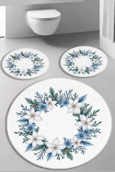 Beyaz Zemin Çiçekli Banyo Paspas Seti Kalın Kalite-Premium Serisi