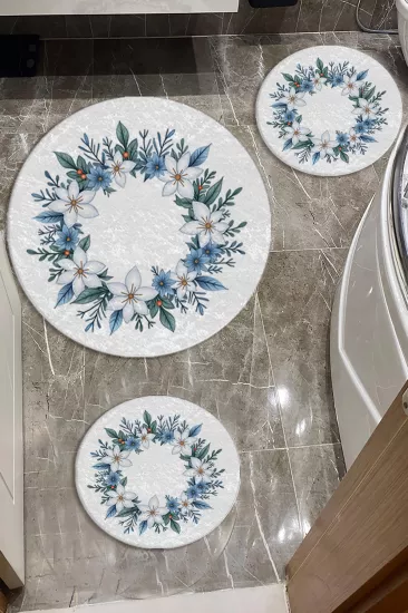 Beyaz Zemin Çiçekli Banyo Paspas Seti Dot Taban-Premium Serisi