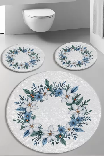 Beyaz Zemin Çiçekli Banyo Paspas Seti Dot Taban-Premium Serisi