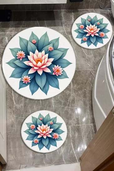 Lotus Çiçekli Banyo Paspas Seti Kalın Kalite-Premium Serisi