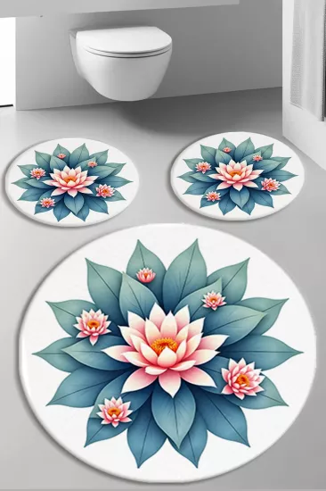 Lotus Çiçekli Banyo Paspas Seti Kalın Kalite-Premium Serisi