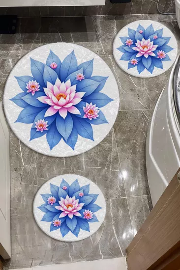Lotus Çiçekli Banyo Paspas Seti Dot Taban-Premium Serisi