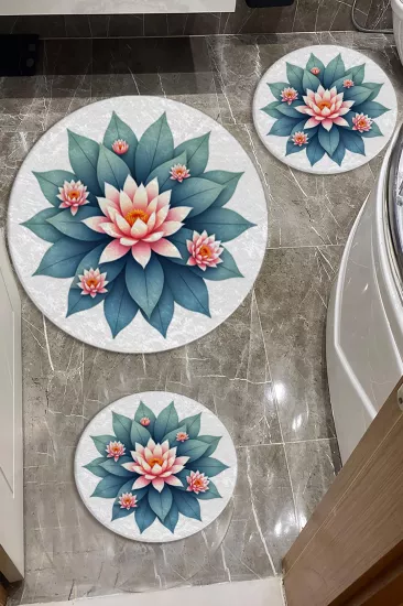 Lotus Çiçekli Banyo Paspas Seti Dot Taban-Premium Serisi