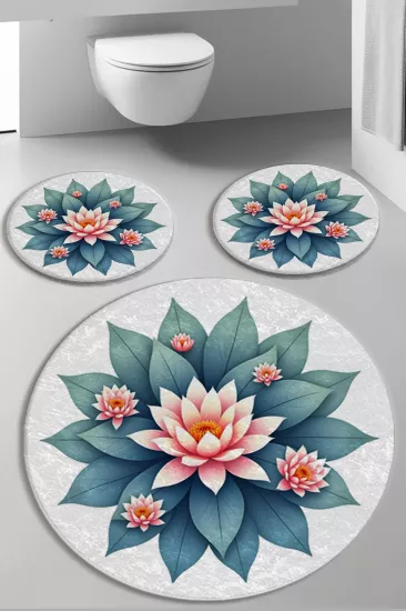 Lotus Çiçekli Banyo Paspas Seti Dot Taban-Premium Serisi