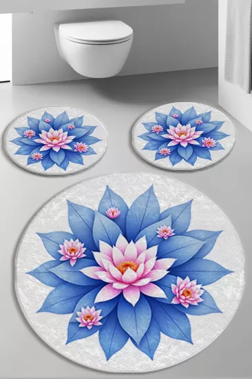 Lotus Çiçekli Banyo Paspas Seti Dot Taban-Premium Serisi