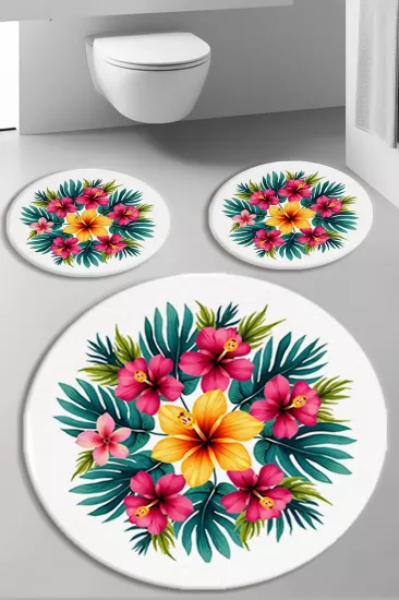 Tropikal Çiçekli Banyo Paspas Seti Kalın Kalite-Premium Serisi