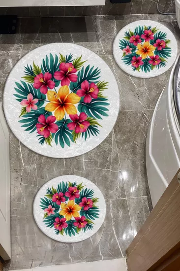 Tropikal Çiçekli Banyo Paspas Seti Dot Taban-Premium Serisi