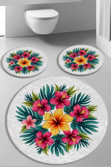 Tropikal Çiçekli Banyo Paspas Seti Dot Taban-Premium Serisi
