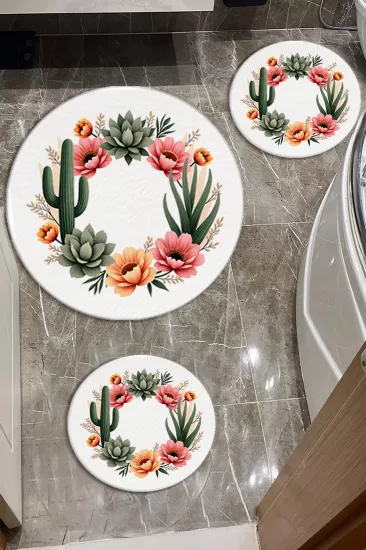 Kaktüslü Çiçekli Banyo Paspas Seti Kalın Kalite-Premium Serisi