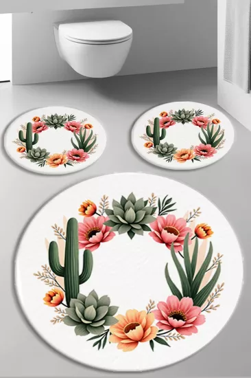 Kaktüslü Çiçekli Banyo Paspas Seti Kalın Kalite-Premium Serisi