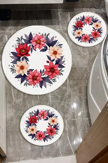 Renkli Çiçekli Banyo Paspas Seti Kalın Kalite-Premium Serisi