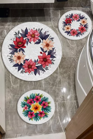 Renkli Çiçekli Banyo Paspas Seti Dot Taban-Premium Serisi