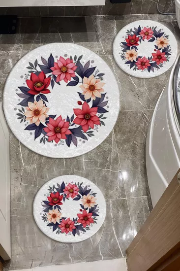 Renkli Çiçekli Banyo Paspas Seti Dot Taban-Premium Serisi