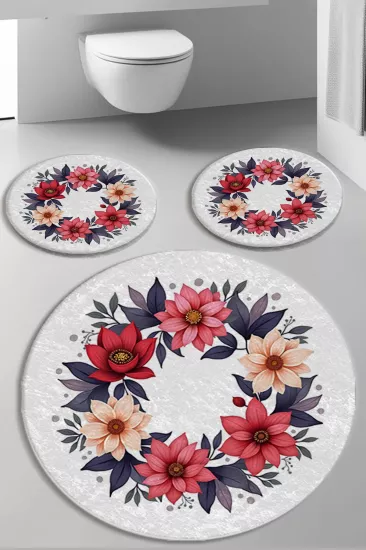 Renkli Çiçekli Banyo Paspas Seti Dot Taban-Premium Serisi
