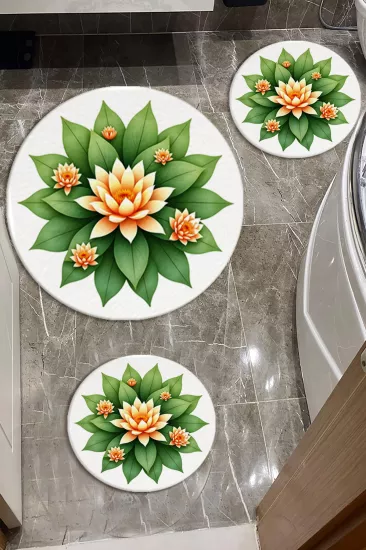  Yeşil Lotus Çiçekli Banyo Paspas Seti Kalın Kalite-Premium Serisi