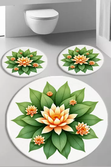 Yeşil Lotus Çiçekli Banyo Paspas Seti Kalın Kalite-Premium Serisi