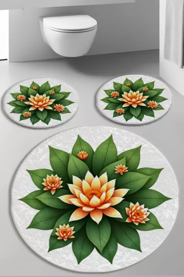 Yeşil Lotus Çiçekli Banyo Paspas Seti Dot Taban-Premium Serisi