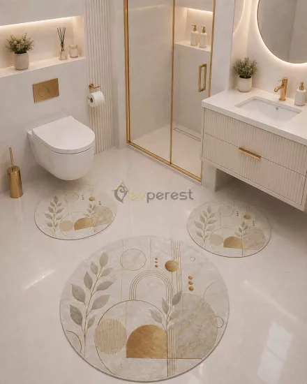Modern Geometrik Gold Yuvarlak Banyo Paspas Seti