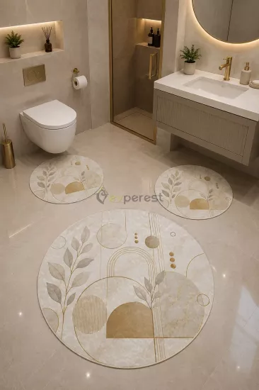 Modern Geometrik Gold Yuvarlak Banyo Paspas Seti