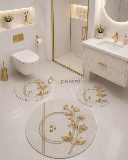 Gold Çiçekli Mermer Desenli Yuvarlak Banyo Paspas Seti