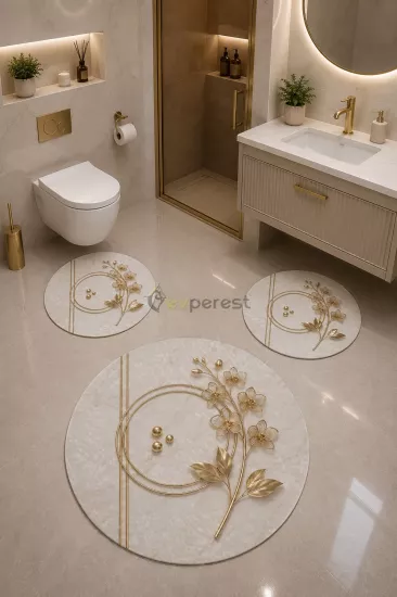 Gold Çiçekli Mermer Desenli Yuvarlak Banyo Paspas Seti