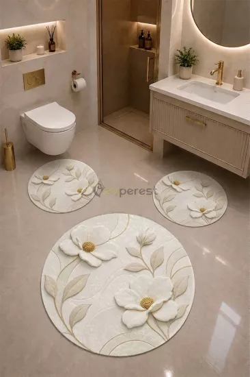 3’lü Yuvarlak Banyo Paspas Seti – 3D Çiçekli Gold Desenli