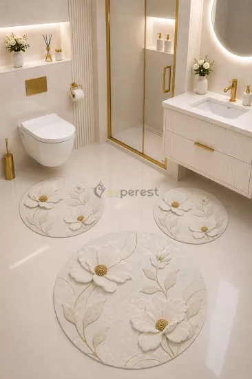 3’lü Yuvarlak Banyo Paspas Seti – 3D Çiçekli Gold Desenli