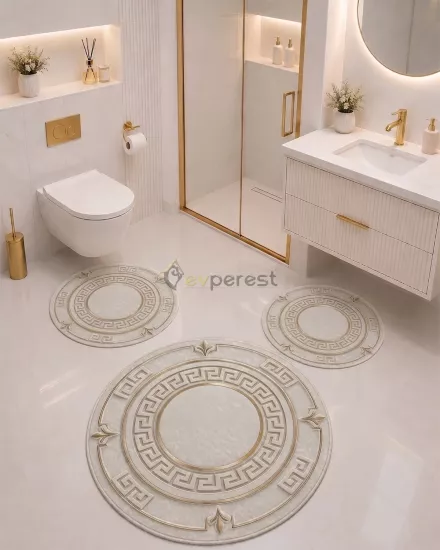 Gold Greek Key Desenli 3’lü Yuvarlak Banyo Paspas Seti 
