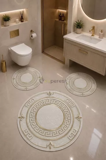 Gold Greek Key Desenli 3’lü Yuvarlak Banyo Paspas Seti 