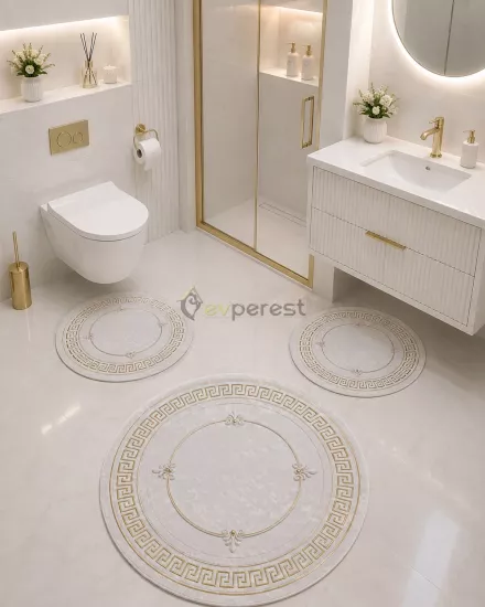3’lü Yuvarlak Banyo Paspas Seti | Krem Gold Key Desen