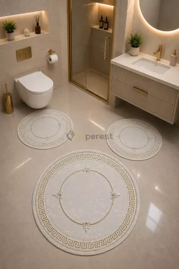 3’lü Yuvarlak Banyo Paspas Seti | Krem Gold Key Desen