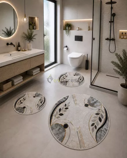 Modern Yaprak Desenli 3’lü Yuvarlak Banyo Paspası Seti