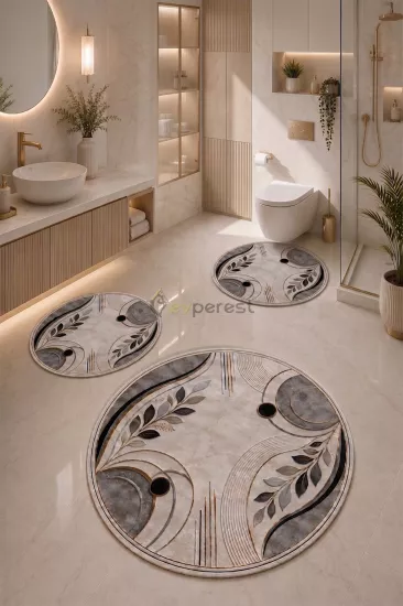 Modern Yaprak Desenli 3’lü Yuvarlak Banyo Paspası Seti