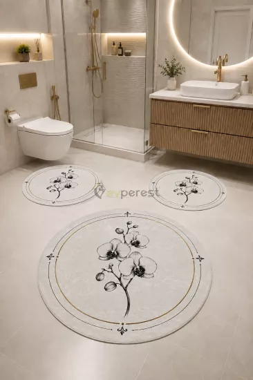 Orkide Desenli 3’lü Yuvarlak Banyo Paspası Seti