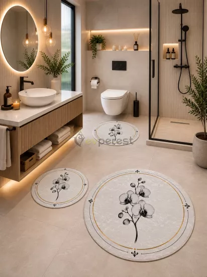 Orkide Desenli 3’lü Yuvarlak Banyo Paspası Seti