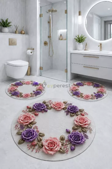 Pembe Mor Gül Desenli 3’lü Yuvarlak Banyo Paspası Seti