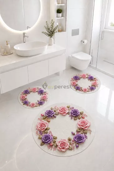 Pembe Mor Gül Desenli 3’lü Yuvarlak Banyo Paspası Seti