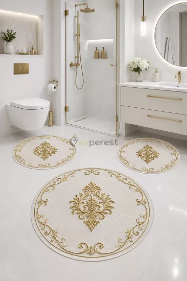 Gold Damask Desenli 3’lü Yuvarlak Banyo Paspası Seti