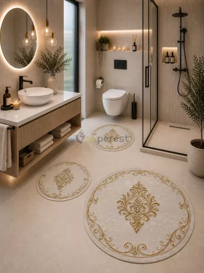 Gold Damask Desenli 3’lü Yuvarlak Banyo Paspası Seti