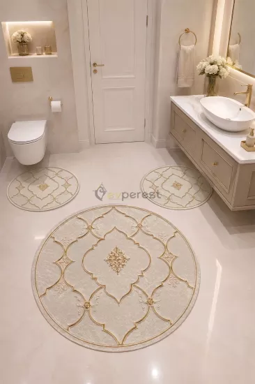 Gold Geometrik Desenli 3’lü Yuvarlak Banyo Paspası Seti
