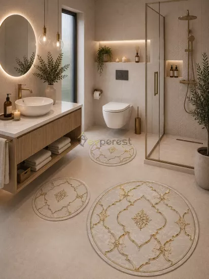 Gold Geometrik Desenli 3’lü Yuvarlak Banyo Paspası Seti