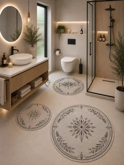 Siyah Bohem Mandala Desenli 3’lü Yuvarlak Banyo Paspası Seti